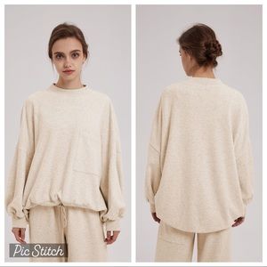 NAP Loungewear Cream Oversized Sweatshirt Mock Neck Drawstring Hem NEW XS Cozy